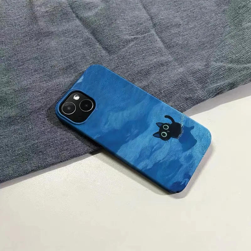 Ins Korean Blue Ocean Black Cat Phone Case for IPHONE 17 Air 16E 15PROMAX 14 Plus 13 12 MINI 11PRO 16Plus XR Acrylic Phone Cover