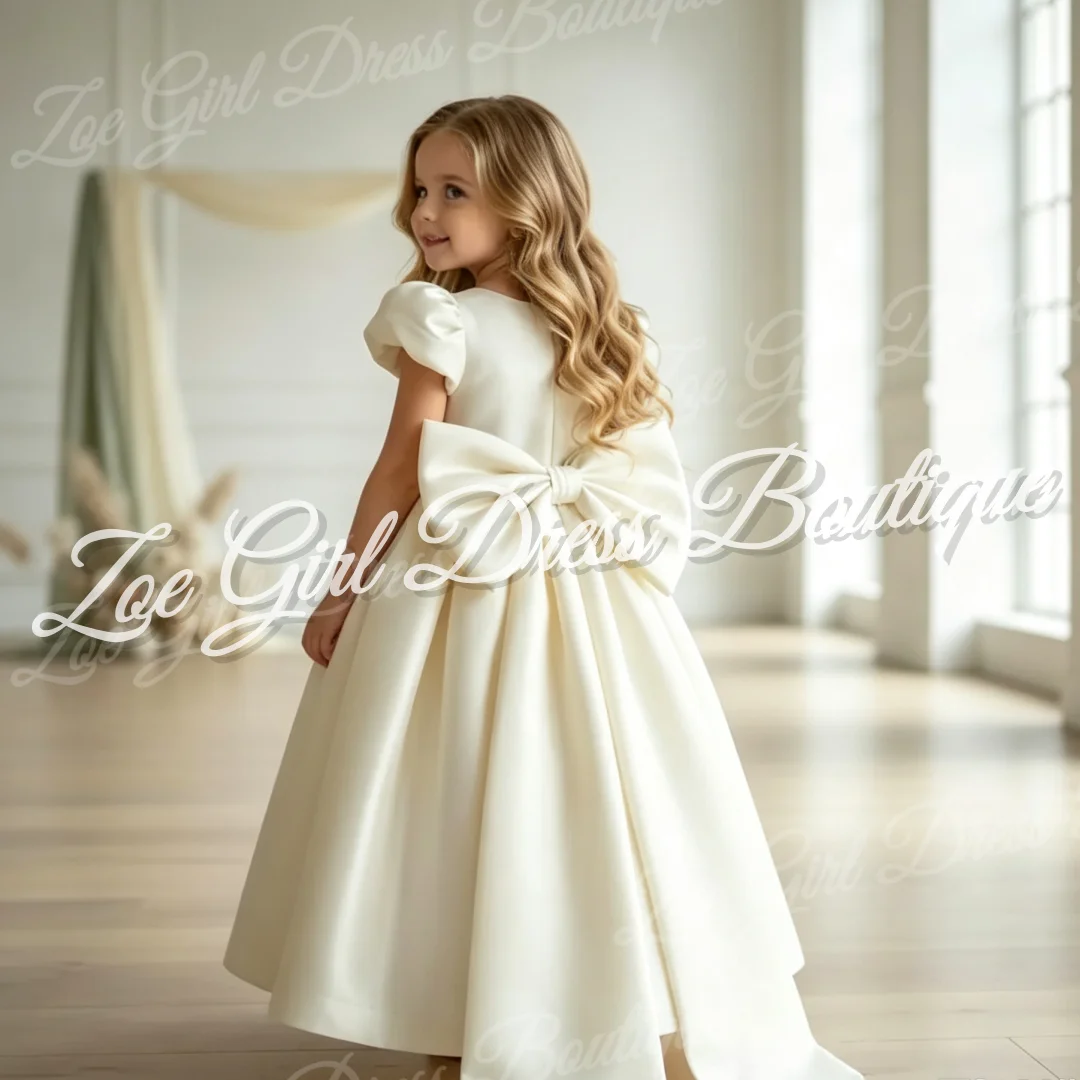 Ivory Satin Puff Sleeve Back Bow A-Line Flower Girl Dress for Wedding Kid Baptism Birthday First Holy Communion Gown Customize