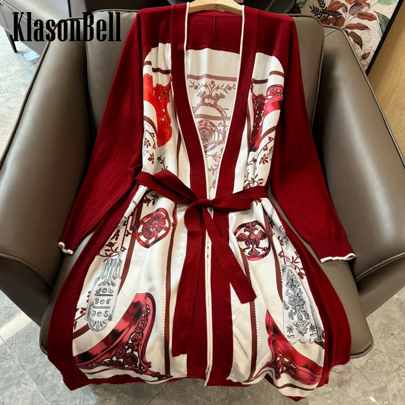 

4.18 KlasonBell Women's 2024 New Temperament Geometric Print Silk Spliced V-Neck With Sashes Long Knitted Cardigan Outerwear