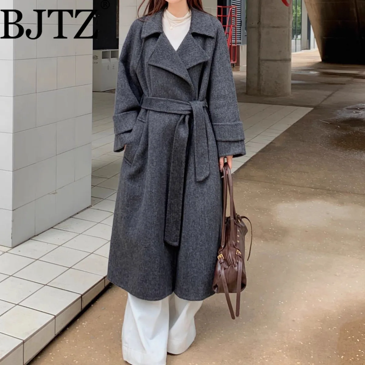 เสื้อโค้ทขนสัตว์สองด้านคุณภาพสูง BJTZ สำหรับผู้หญิง ความยาวปานกลาง ผูกเชือก ปกพับได้ เสื้อแจ็คเก็ตขนสัตว์เรียบง่าย คอลเลคชั่นฤดูใบไม้ร่วง/ฤดูหนาว 2025 รุ่นใหม่