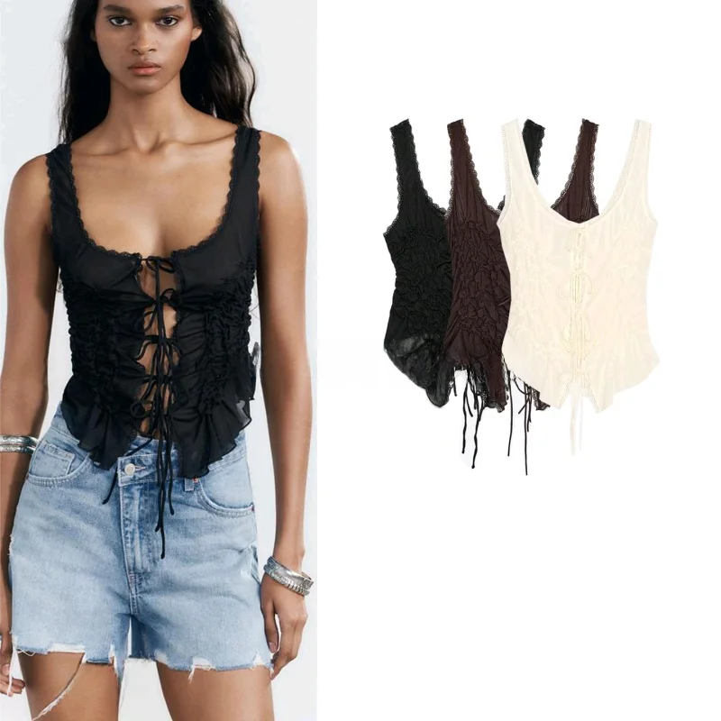 여름 여성 패션 비대칭 밑단 나비 매듭 장식 주름 없는 민소매 심플 탑 순수한 욕망 스타일 937304