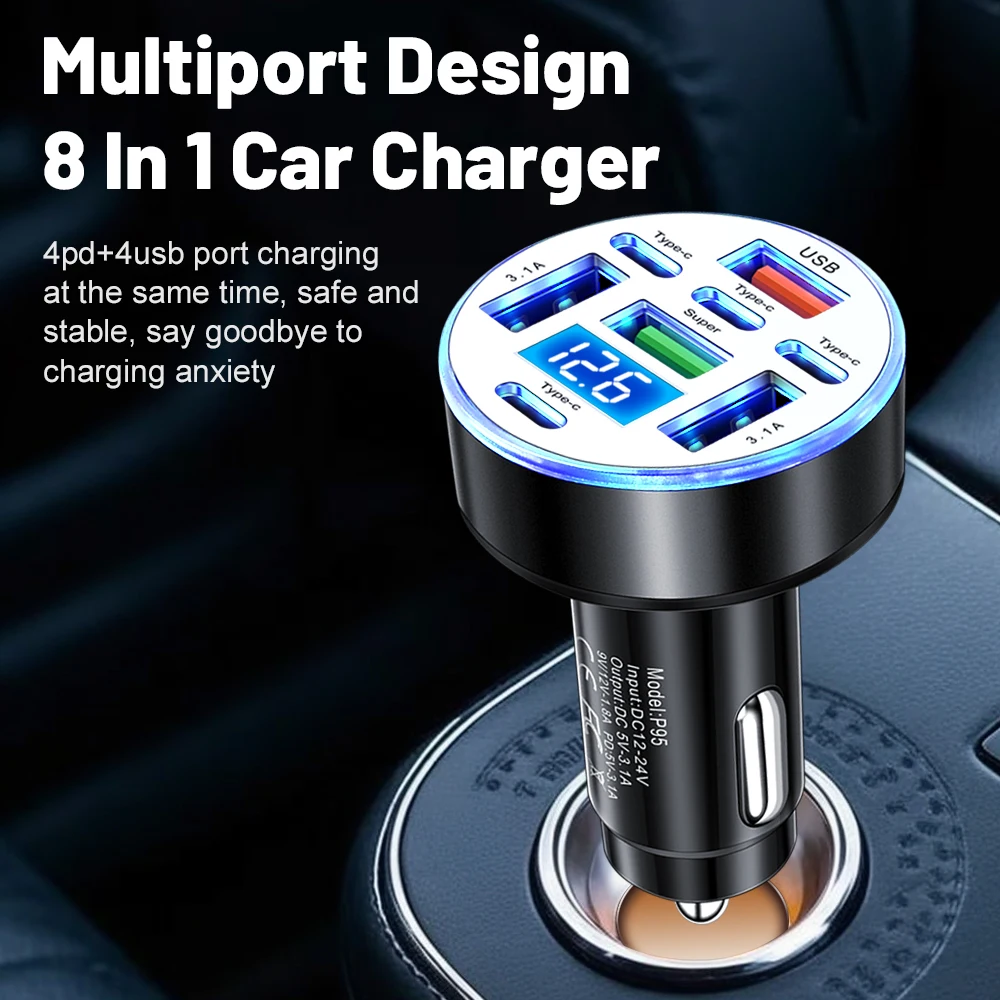 8 Ports Car Charger Fast Charging PD QC3.0 USB C Car Phone Power Adapter Socket 12-24V with Digital Voltmeter LED Lamp Universal