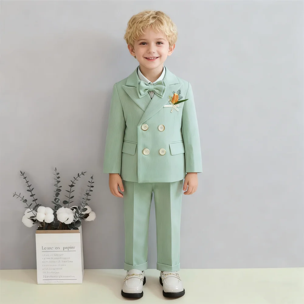 

3-14 Yrs Kids Suit Set, Double Breasted Suit Jacket, Pants Bowtie, Boys Formal Tuxedo Set for Wedding, Ring Bear Dresswear