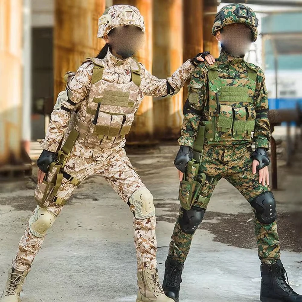 Kids Military Tactical Camo Uniform Set Army Soldier Costume for Boys Girls Outdoor Training Cosplay Halloween Role Play Outfit