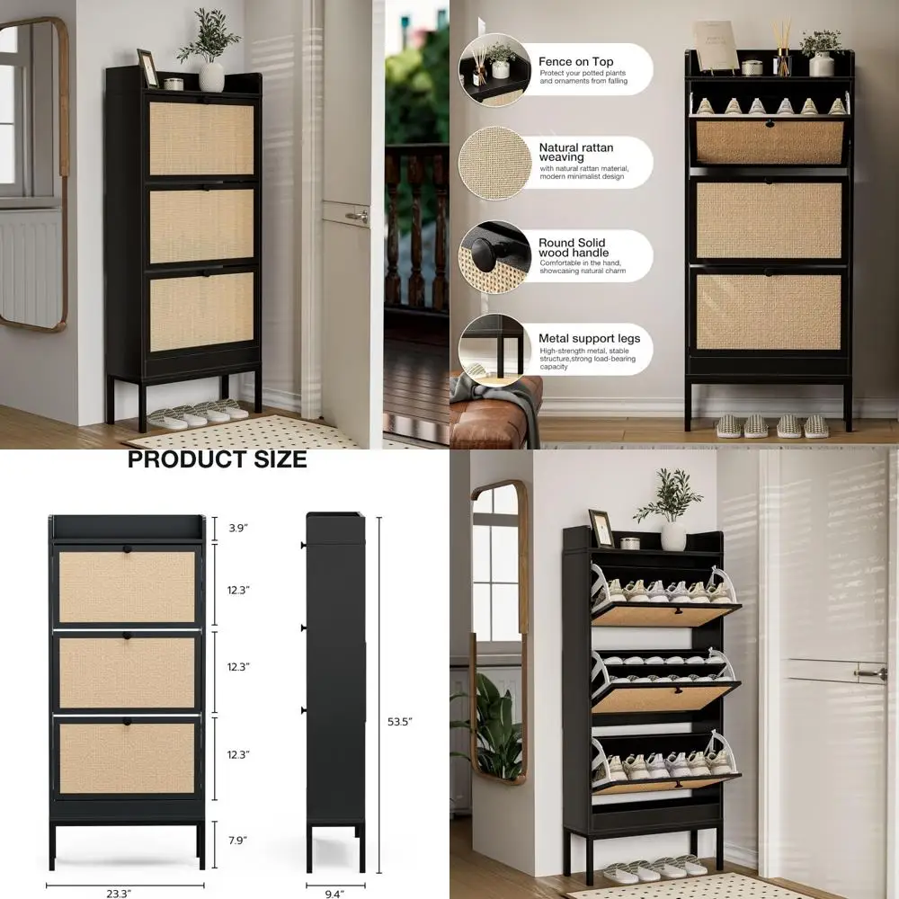 

Freestanding Wooden Shoe Rack with 3 Drawers - Natural Rattan Shoe Storage Cabinet for Home Organization