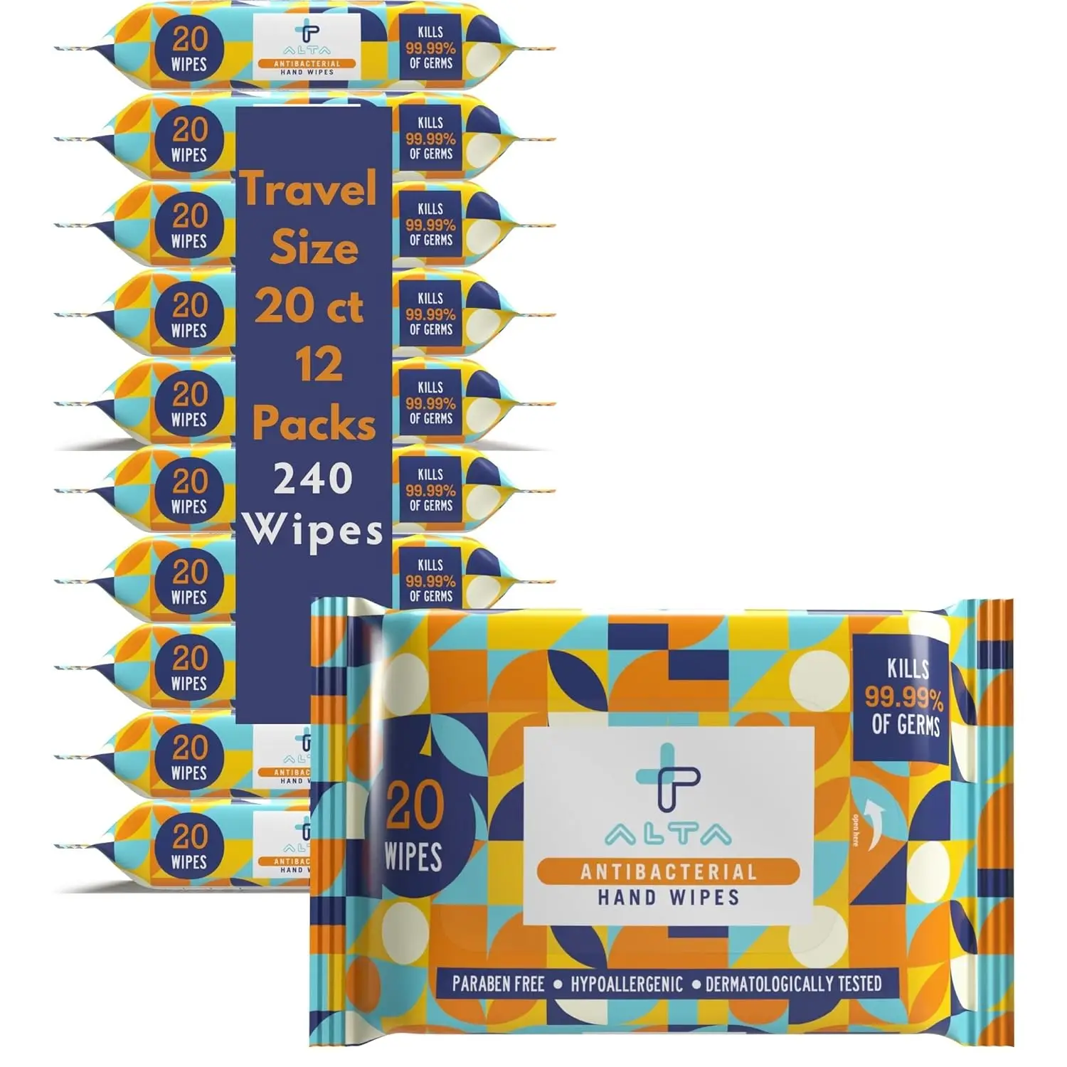 

Alcohol-Free Hand Sanitizing Wipes, Travel Size, 20 Wipes per Pack, 12 Packs Total (240 Pieces) for Convenient On-the-Go Hygiene
