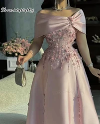 Off Shoulder Pink Prom Dresses Floor Length Satin A-Line Elegant Formal Party Gowns With 3D Floral Appliques 2025 Customized