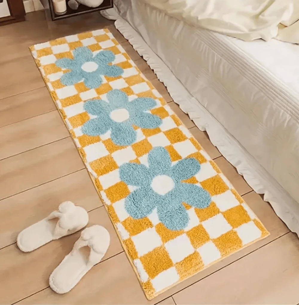 

Floral Yellow & Blue Bedside Rug Soft Faux Wool Winter Carpet For Bedroom Living Room Study Gaming Room