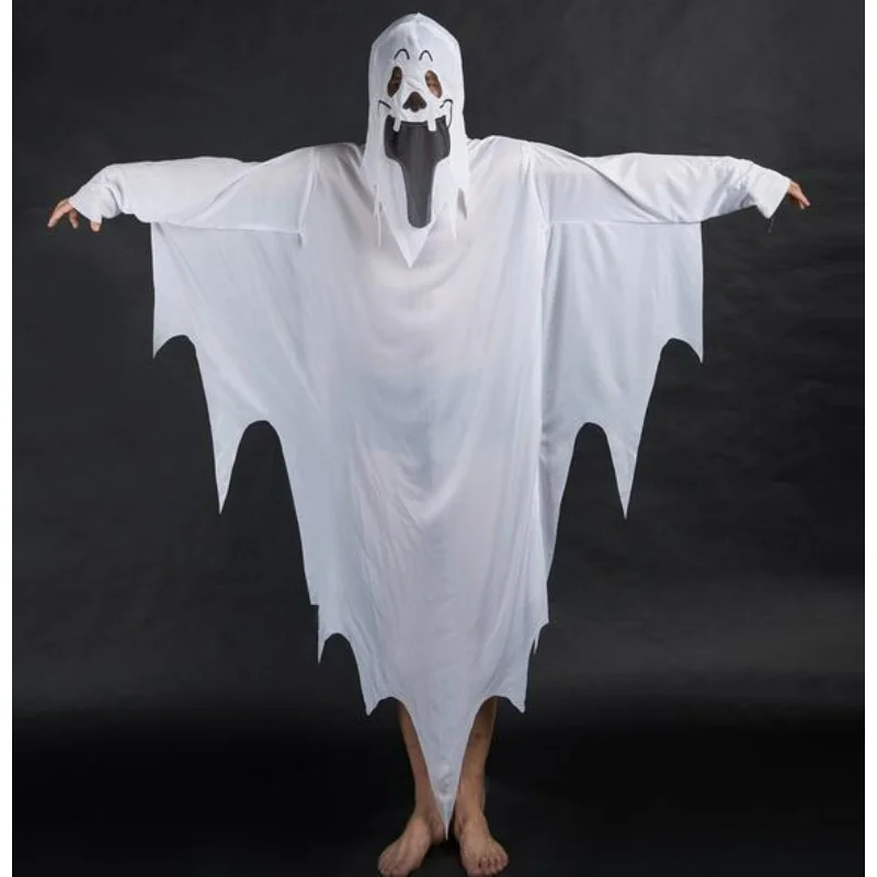 Unisex Aldult Child White Halloween Ghost Costume Robe Scary Mask Hooded Dress up Witch Cape Outfit Cosplay Parties Girls Boys