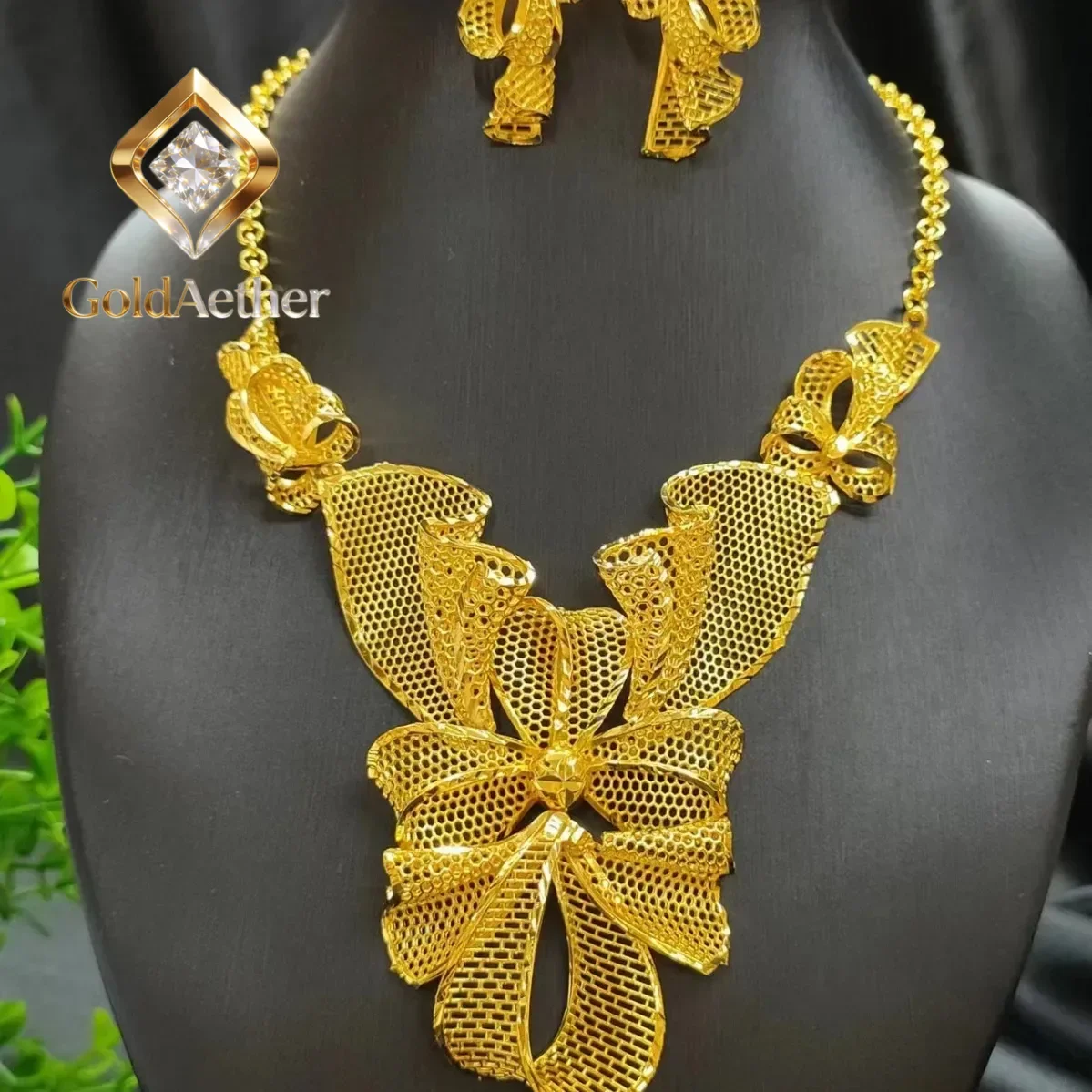 

GoldAether Women's 9999 24K Real Gold Flower Necklace Earrings Set Flowers Dubai Saudi Bride Wedding Giftgift