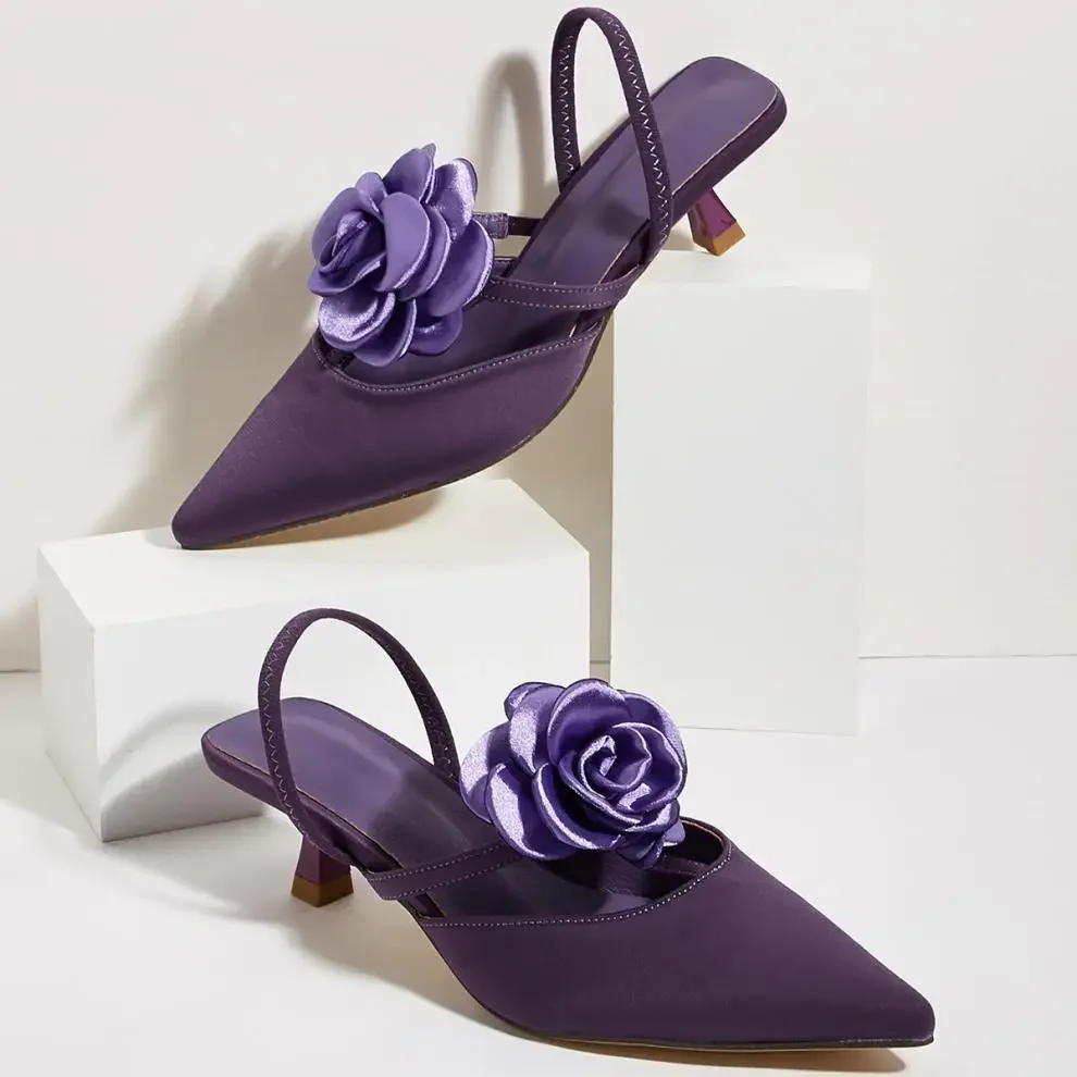 High Quality Low Heel Satin Design Pointy Toe Sandals Women Summer Front Rear Strap Flower Decoration High Heels Women Pumps