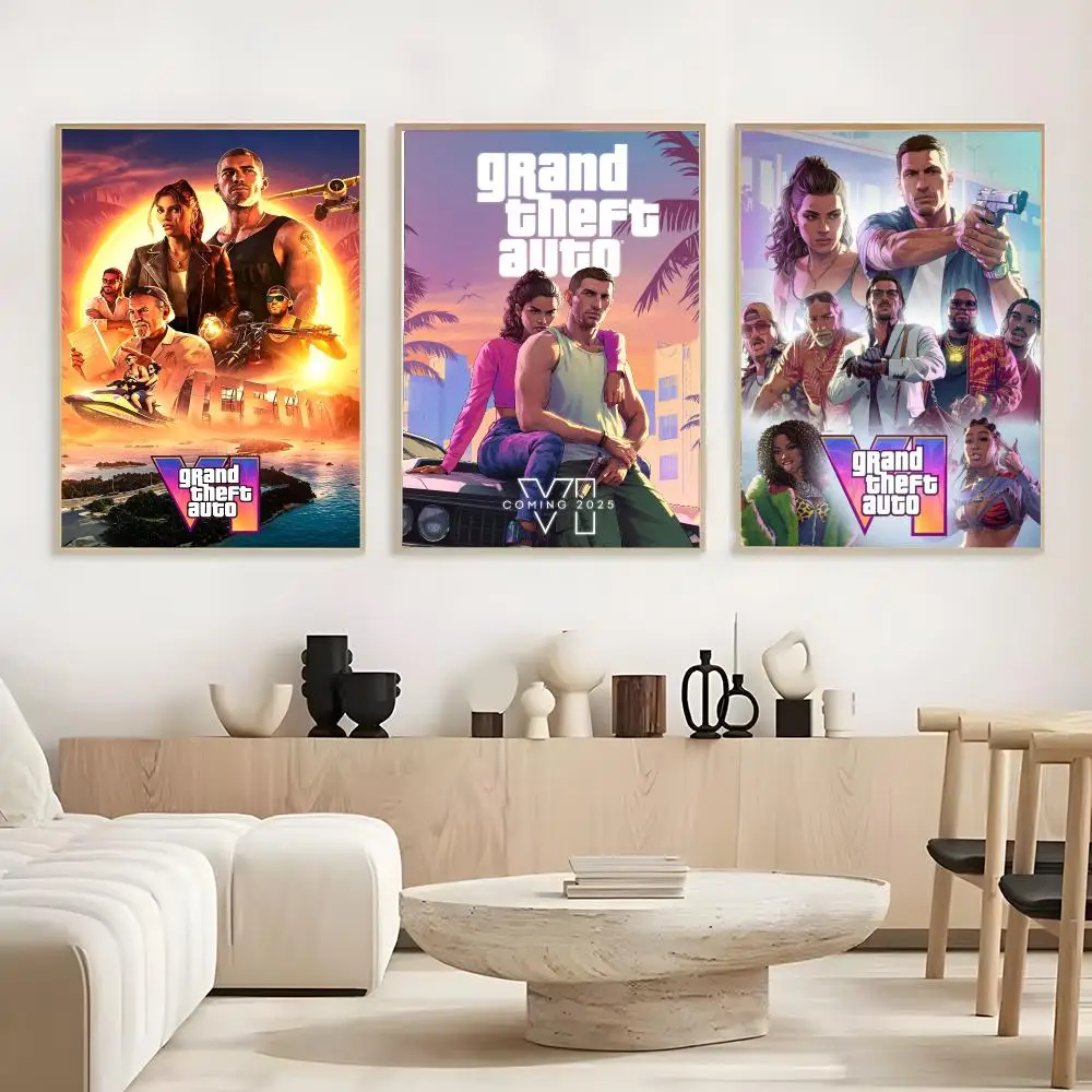 Hot Game G-Gta 6 Poster Frameless Poster Self-adhesive Art Waterproof Paper Sticker Coffee House Bar Room Wall Decor