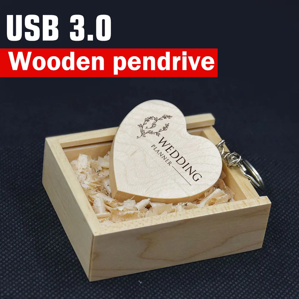 10/20/50 USB 3,0 con caja de madera modelo de corazón de amor unidad flash usb Memory Stick 64GB 16GB 32GB 4GB regalos de boda logotipo personalizado gratis