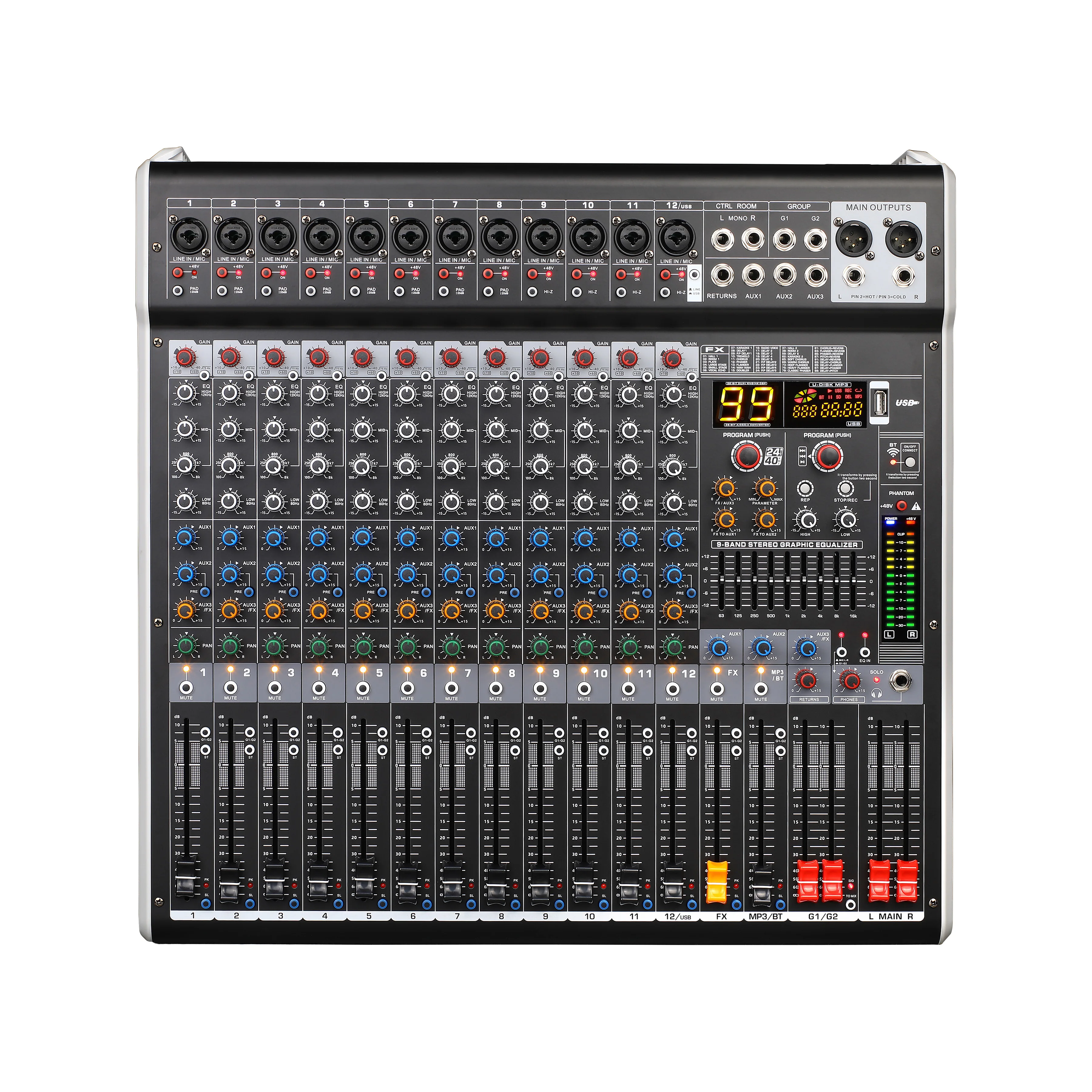 Mono/2 Channel Stereo/MP3/Blue-tooth/48V Phantom Power AE Series 99DSP Effects Audio Mixer Console 4-band EQ 8/12/16 Channels