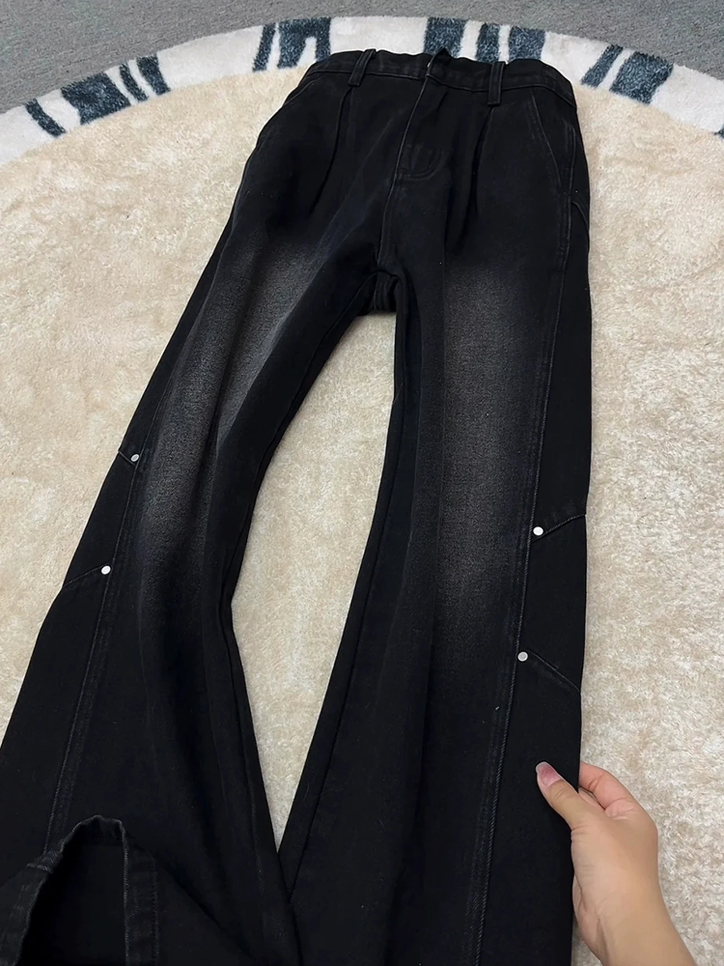 Bla Rivet Denim Jeans Men's Winter Fce High Waist Straight Leg Micro Flared Workwear Trousers Youth Casual Faion
