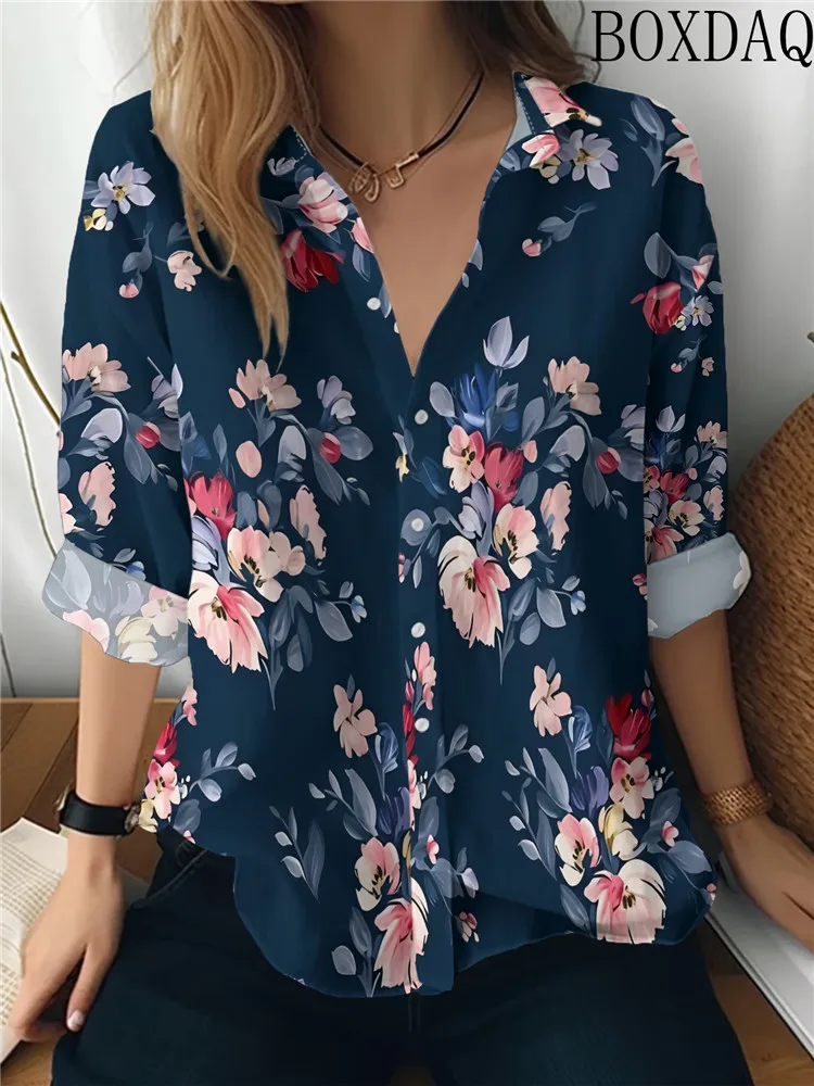 2026 Elegant Women's Blouse Autumn Long Sleeve Collar Single breasted Flower Pattern Printed Shirts Women's Daily Loose Top
