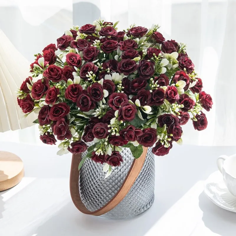 5 Zweige, 15 Blüten, Seidenrosen für Hochzeitssträuße, Festivals, Girlanden, Dekoration, Wohnzimmer, Bonsai, künstliche Blumen, Handarbeit – Detail 7