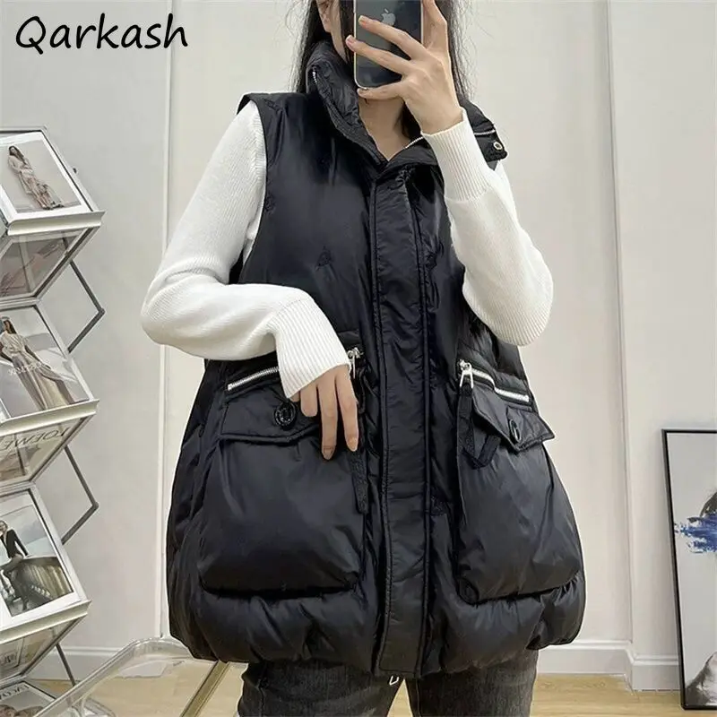 Cotton Vests Women Autumn Winter Korean Style Loose Solid Zippers Pockets Sleeveless Jackets Thermal Comfortable Fashion Basic