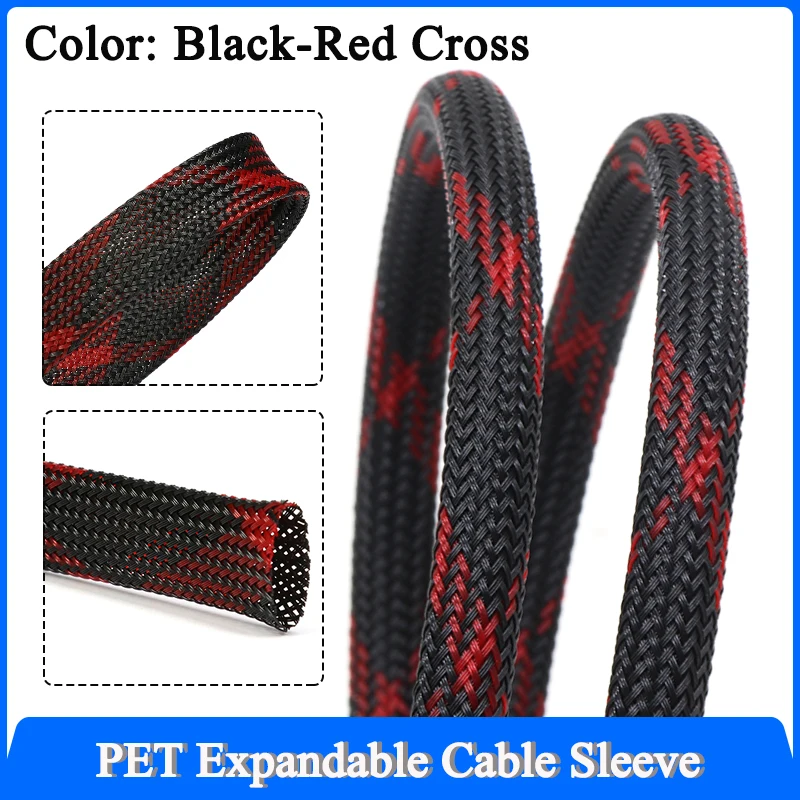 1~50m Black-Red Cross PET Braid Sleeve 2/4/6/8/10/12/14/16/20/25/30mm High Density Insulated Snake Skin Cable Wrap Sheath