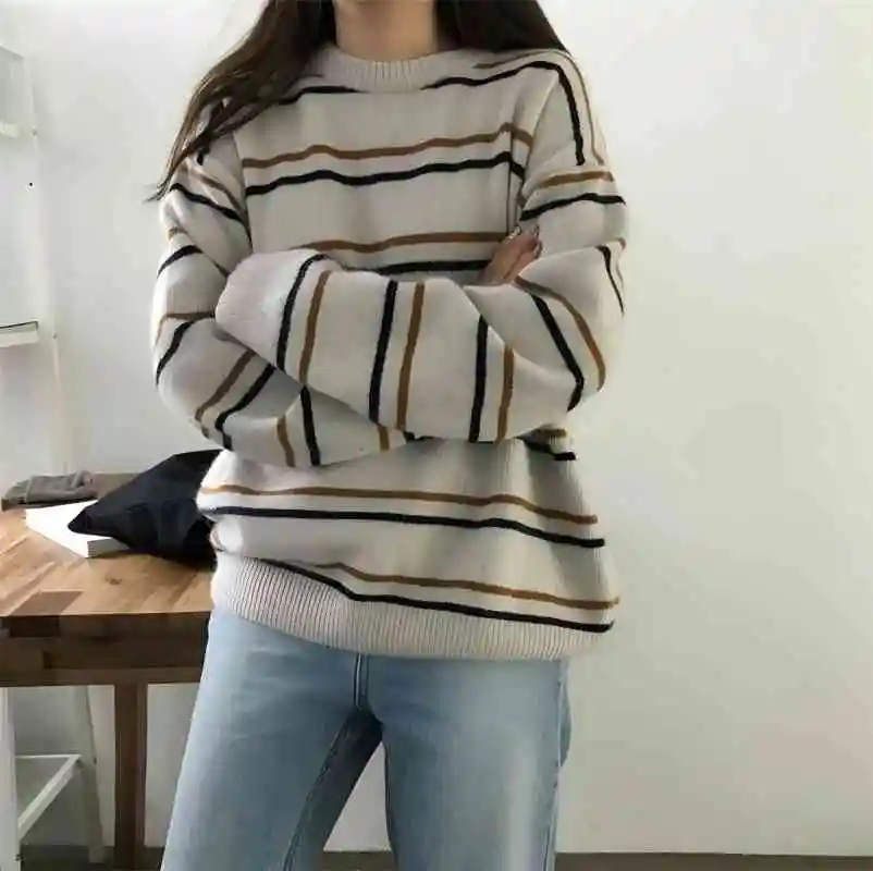 CGC Korean Fashion Striped Women Pullover Sweater Autumn Winter Loose Knitwear Soft Warm Tops Casual Female Winter Clothing