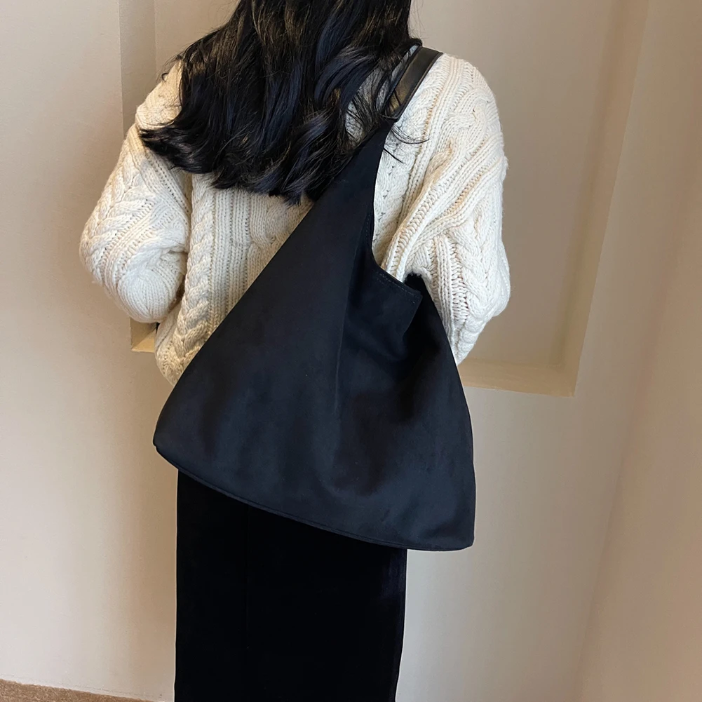 

Women Suede Shoulder Bag Simple Tote Handbag Large Capacity Stylish Commuting Bag Solid Color Hasp Closure Outdoor Travel Bag