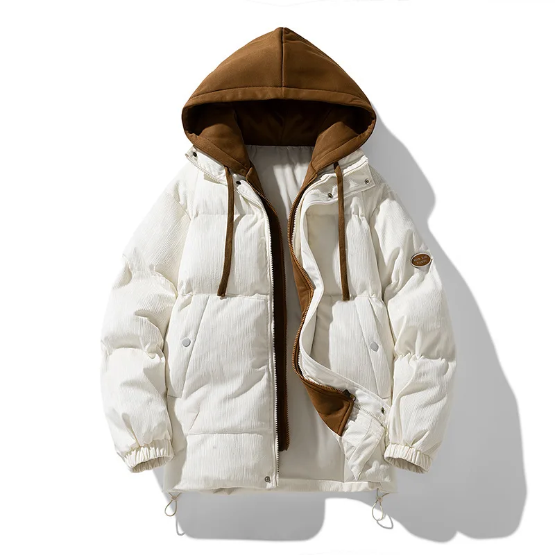 الخريف الشتاء رجل أسفل سترة رشاقته الدافئة التباين اللون الذكور معطف مقنع طويلة الأكمام يندبروف الرجال وهمية قطعتين ملابس خارجية #3