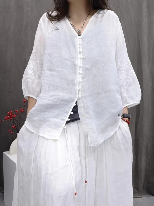 Estate 2025 Casual misto cotone e lino Ricamo pesante Vestibilità ampia Traspirante Leggero Versatile Top da donna irt