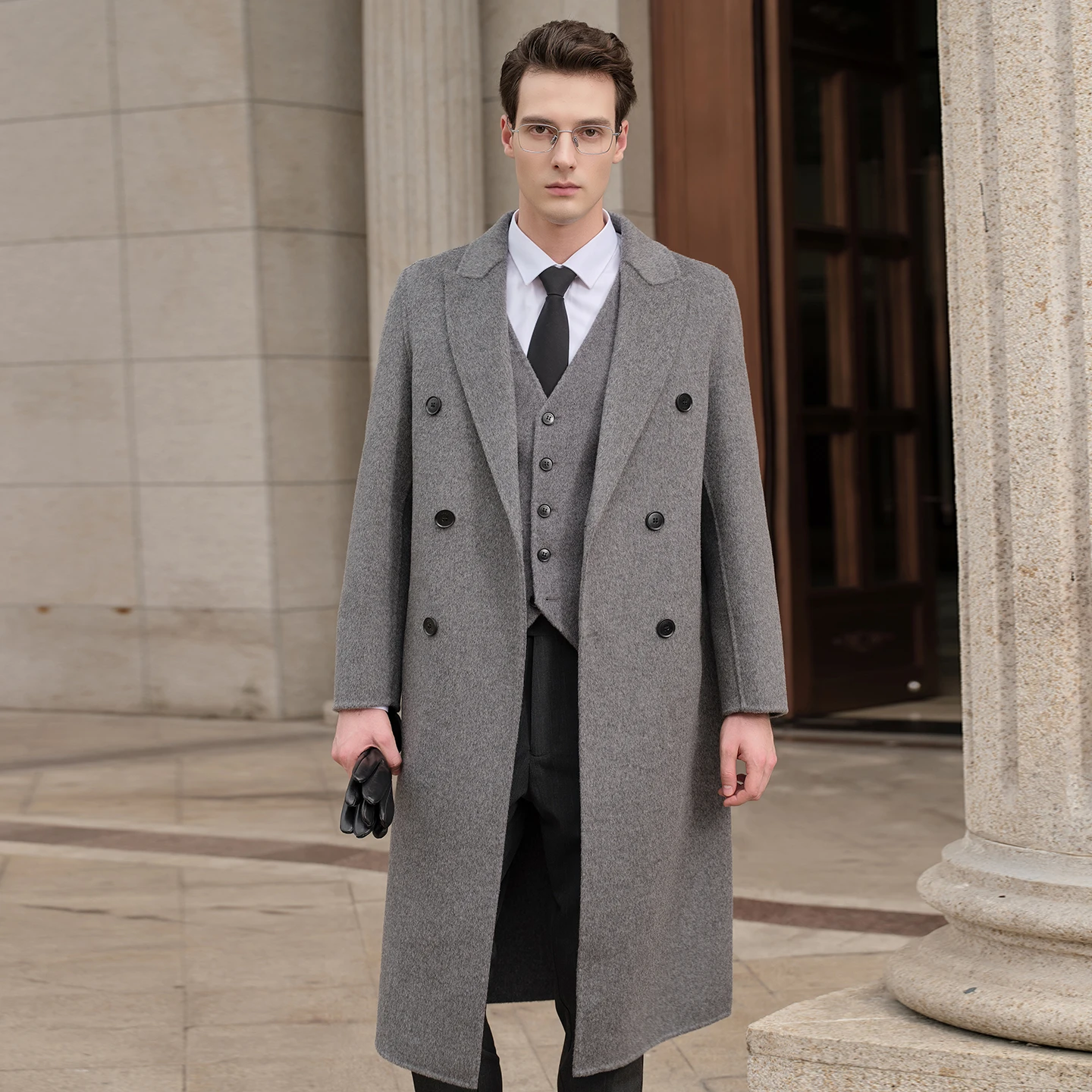 Classic French Men Cashmere Coat Long Style Merino Wool Coat Flip Collar Button Pocket Decoration High Quality Business Overcoat