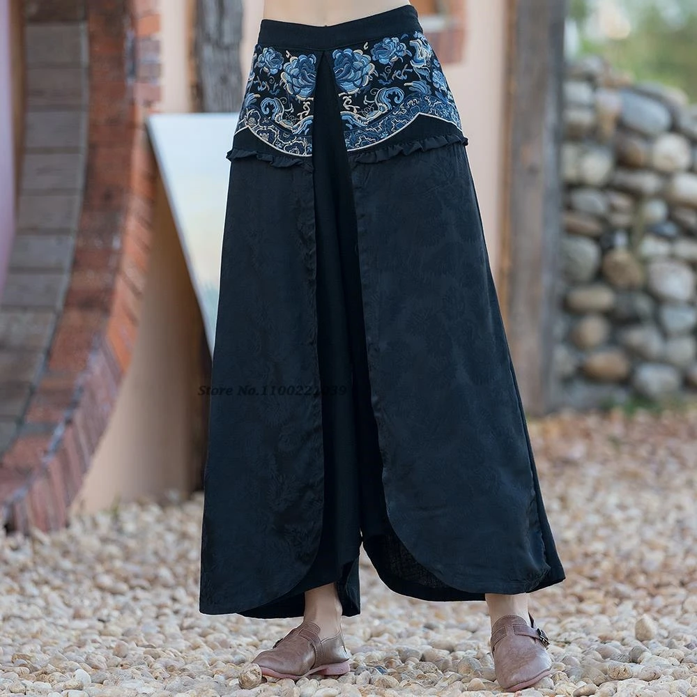 

2025 chinese traditional harajuku vintage flower embroidered pants women wide leg trousers elastic waist straight skirt pants