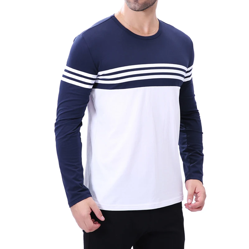 Men\'s Striped Patchwork Long Sleeve T Shirt Casual O Neck Color Block Top Tees