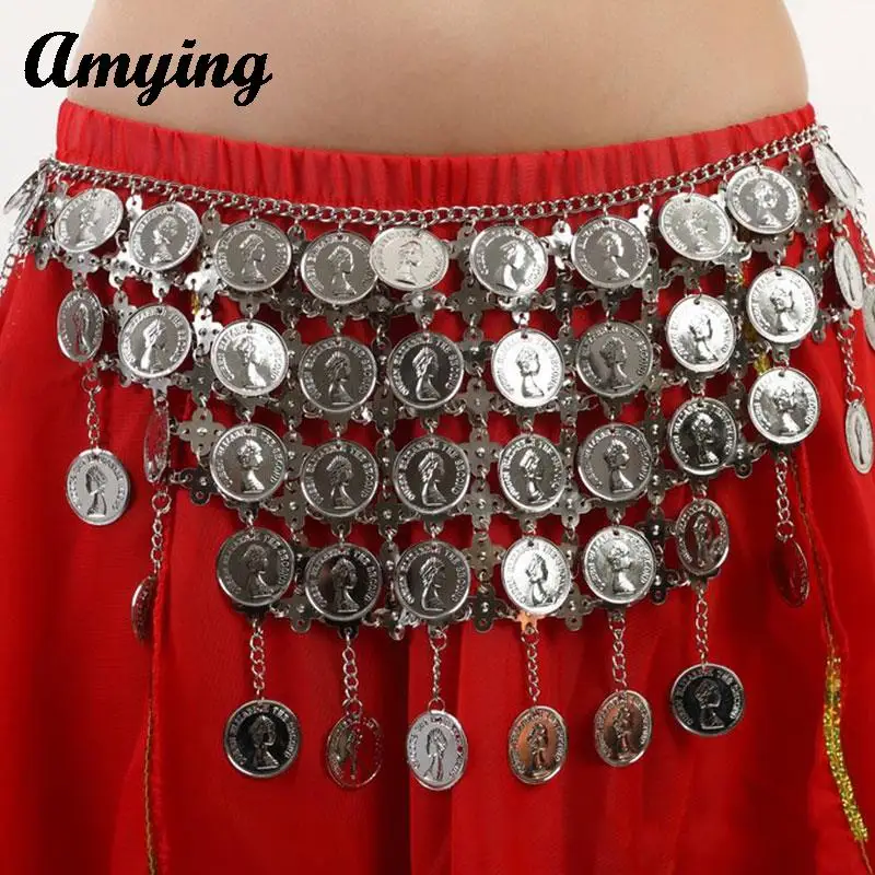 Women/Men Metal Waist Chains Vintage Silver Color Coin Waist Chains  Belly Dance Performance Practice Costume Coin Hip Scarf New