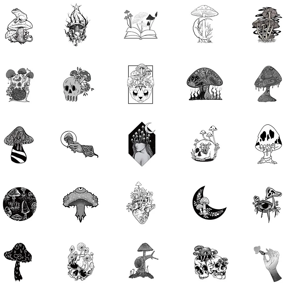 50pcs Black White Gothic Mushroom Stickers Laptop Phone Stationery Guitar Ipad Laptop DIY Sticker Handmade Scrapbooking Supplies