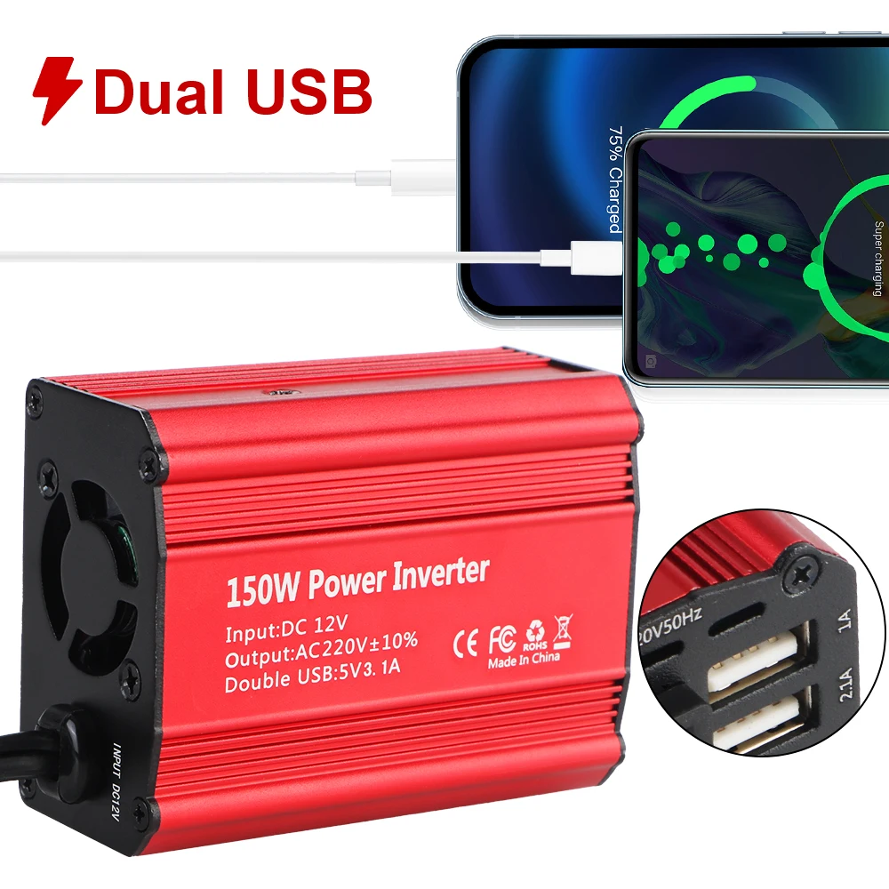 

300W Peak Power 12V to 220V Voltage Converter 150W Car Charger Power Adapter Power Inverter for car with 2 USB Charging Ports