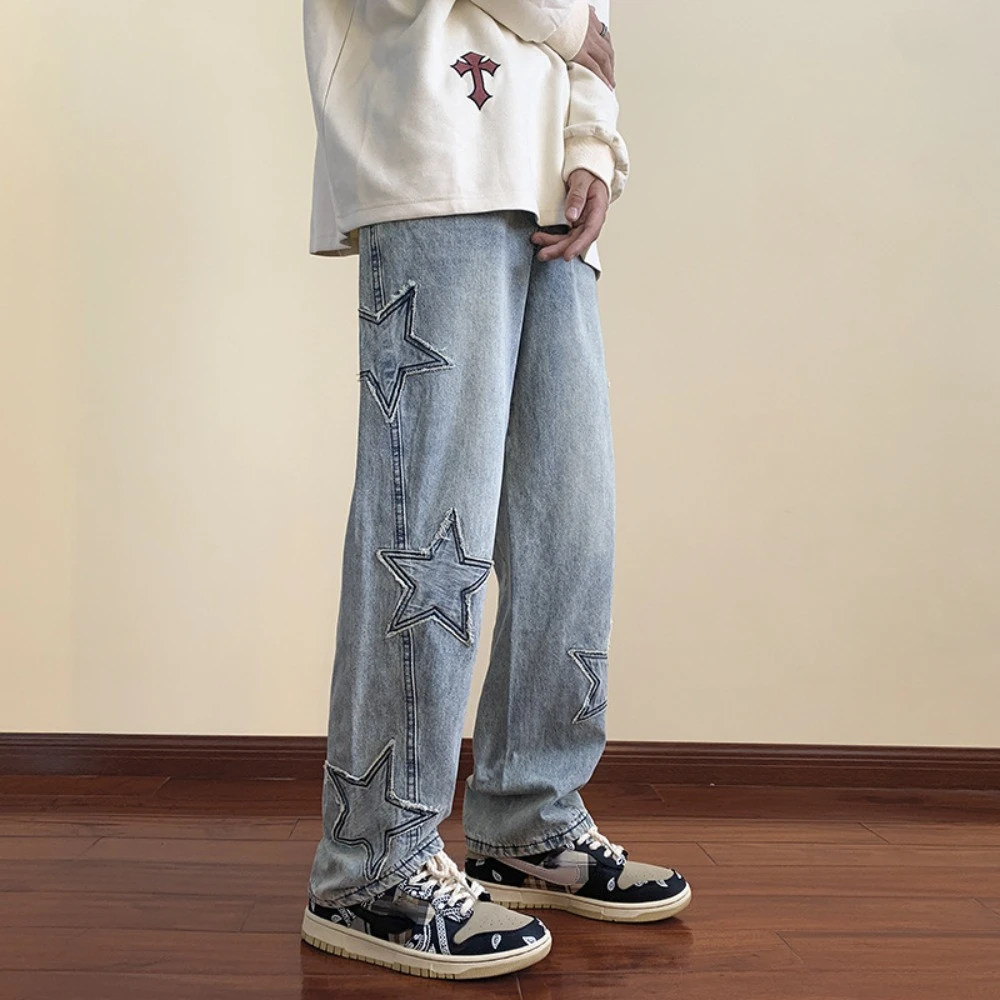 Men Clothing Summer  Star Patch Jeans Men High Street Loose Fashion Jeans Straight Leg Wide Leg Korean Edition Jeans Y2K