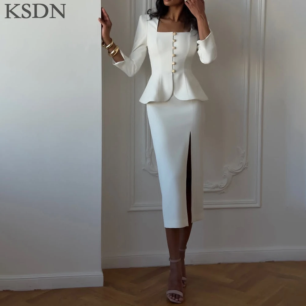 

KSDN Модные вечерние платья Белые платья длиной до колена с длинными рукавами и разрезом Элегантные женские платья для торжественных случаев Vestidos