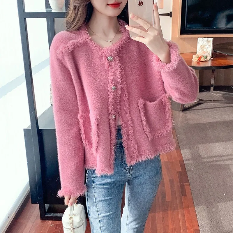 

Women Cardigans Single Breasted Raw Edge Tassel Autumn Winter French Stylish High-end Knitted Sweaters Solid Elegant Casual Chic