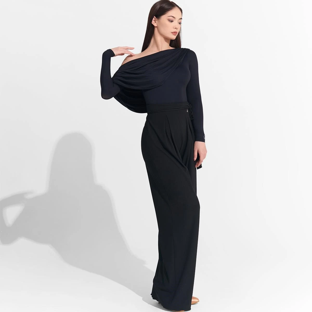 

Adults Modern Dancing Costume Black Slanted Shoulder Latin Top Ballroom Dance Pants Women Performance Dancing Clothes SL11787