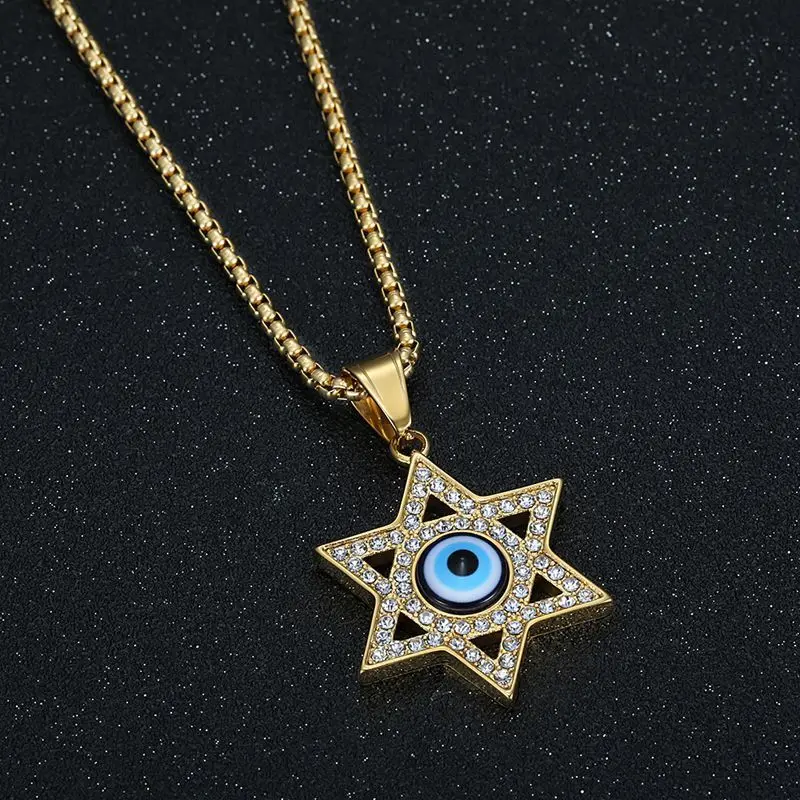 Exquisite Six-pointed Star Devil's Eye Necklace Pendant Men's Jewish Star of David Lucky Amulet Jewelry