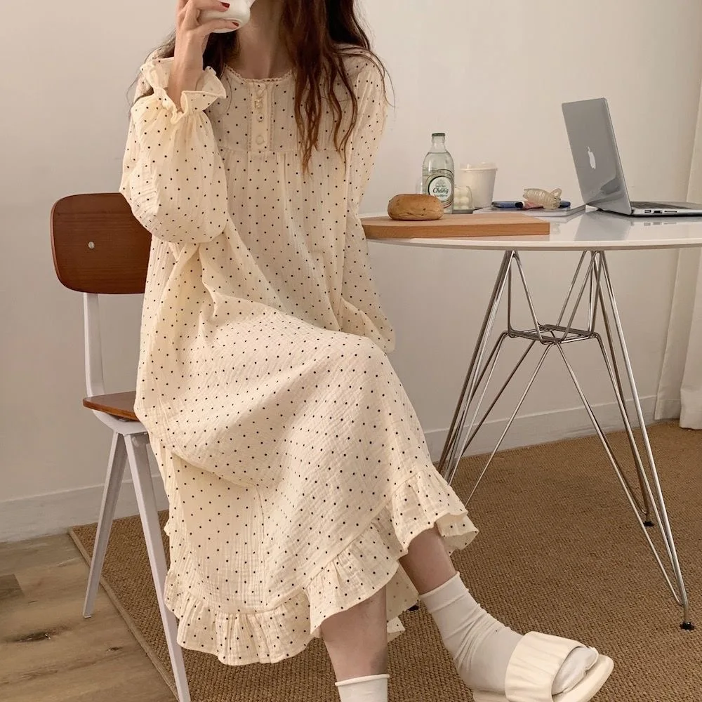 Mid-length Lace Nightgown Women Spring Autumn Ladies Polka Dot Loungewear Soft Homewear Girls Loose Breathable Casual Wear Woman