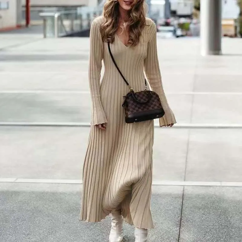 Women's Sexy Ribbed Knit Sweater Dress Casual Long Sleeve V Neck Bodycon Pleated A Line Long Dress Streetwear