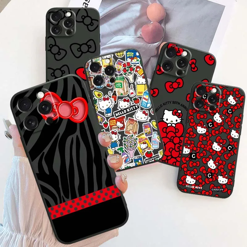 

Sanrio Cartoon Hello Kitty bow For Apple iPhone 17 16 16E 15 14 13 12 11 Air Pro Max Plus Black Soft Silicone Cover Phone Case