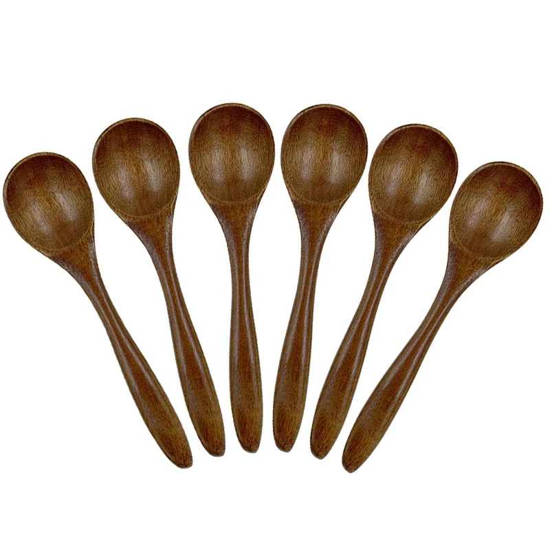 Small Wooden Spoons, 6 PCS 5.3 Inch Natural Soup Spoons Bamboo Wood Spoon For Eating, Handmade Condiments Mixing Serving