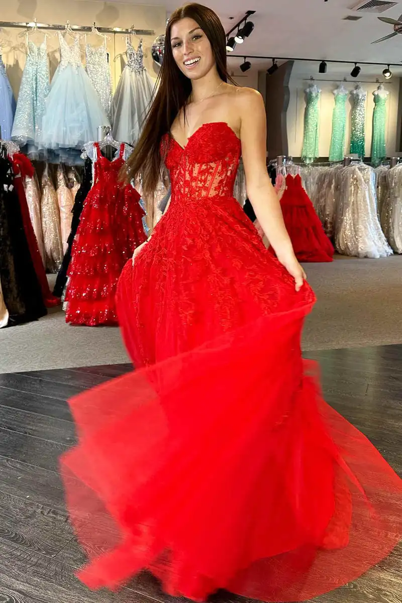 Elegant Sweetheart A-line Women's Prom Dresses Appliques Lace Tulle Formal Evening Dress Beautiful Lace Up Backless Party Gown