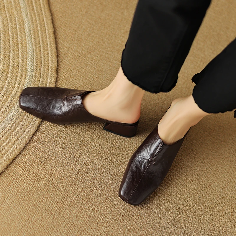 2023 Office Lady Casual Women Pumps Mules Square Toe Thick Heels Slippers Genuine Leather Sandals Shoes Woman Concise Fashion