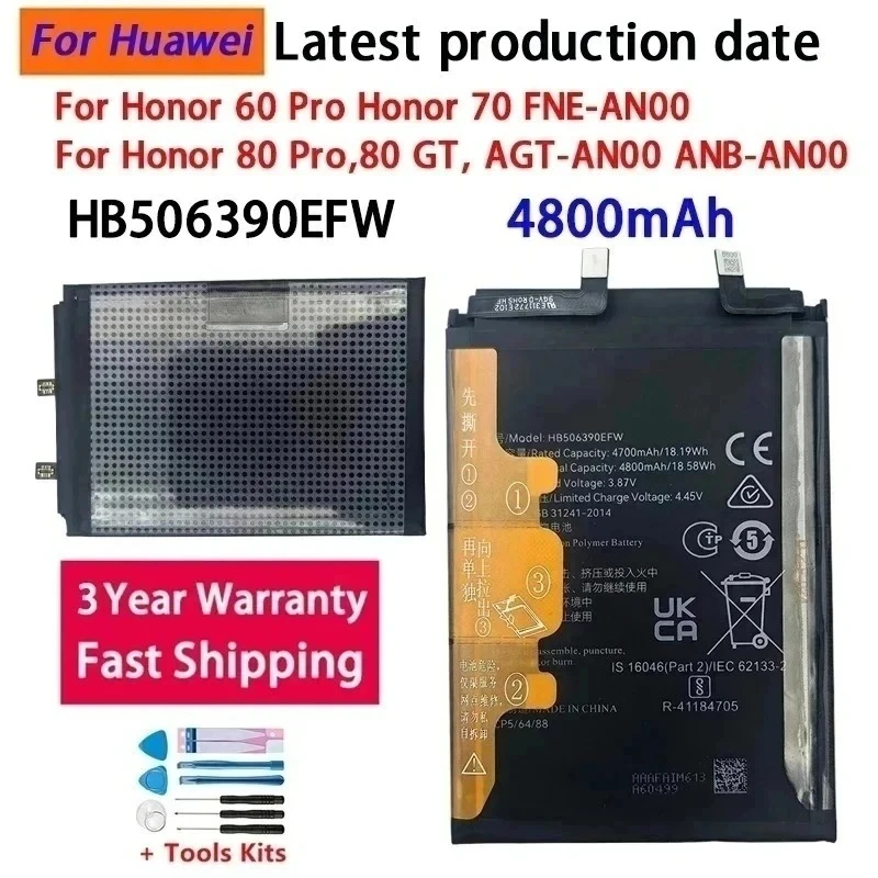100% new HB506390EFW 4800mAh Battery For Honor 60 Pro Honor 70 FNE-AN00,Honor 80 Pro,80 GT, AGT-AN00 ANB-AN00 Batteries+Tools
