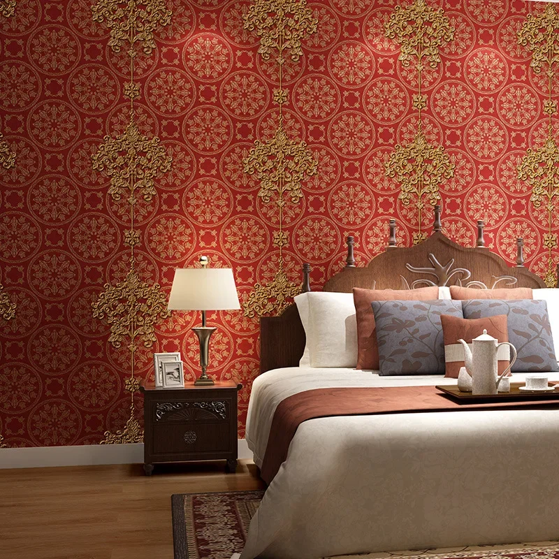 3D Chinese AB red wallpaper bedroom living room TV background wall antique Chinese wallpaper new Chinese style