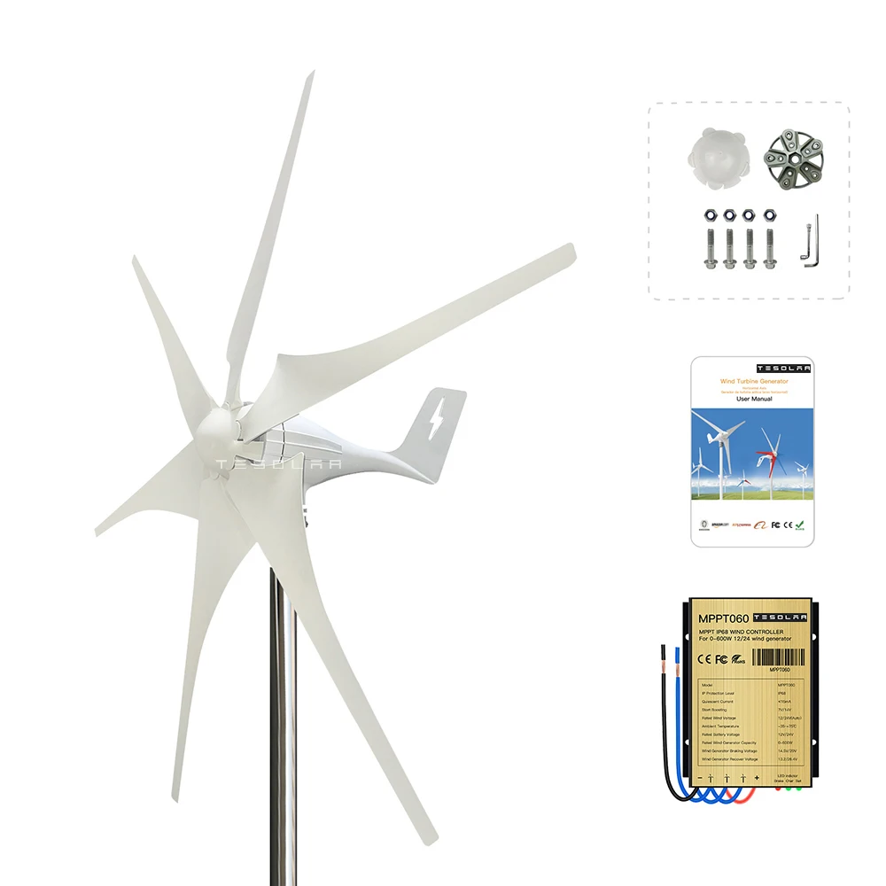 600W 3/5/6 Pieces 630mm Blades Wind Turbine Generator 12V 24V With Mini Wind MPPT Controller LED Charge Indicator Small Windmill