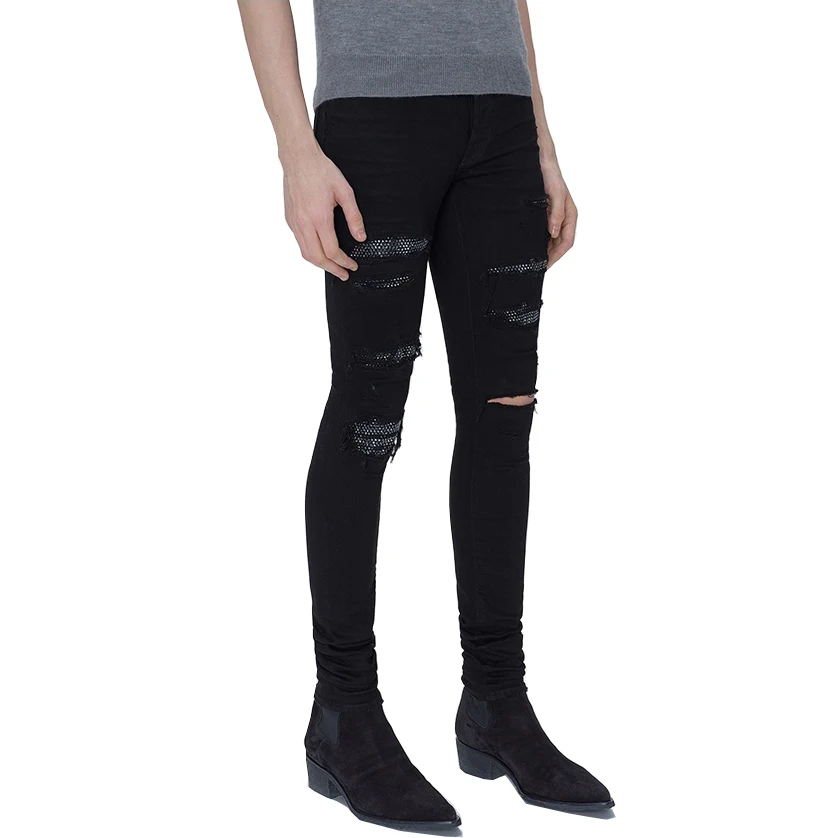 Men\'s Crystal Stretch Ripped Hole Skinny Destroyed High Street Pencil Jeans