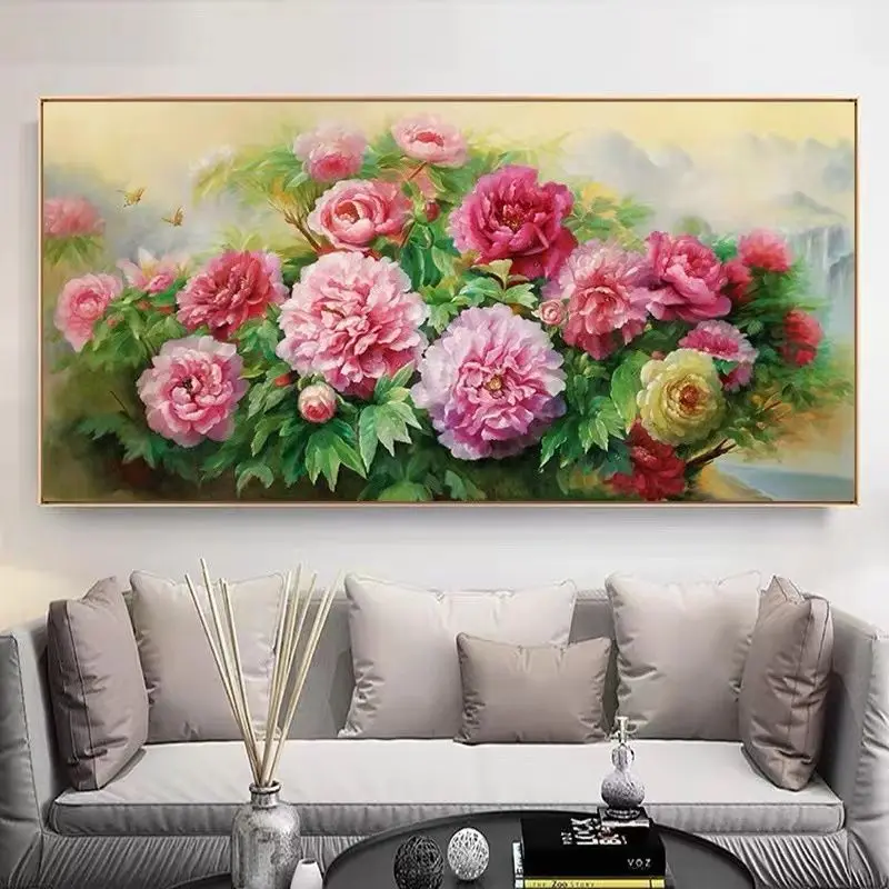 Pure handmade cross stitch finished product with blooming flowers, rich and noble national colors, peonies, colorful living