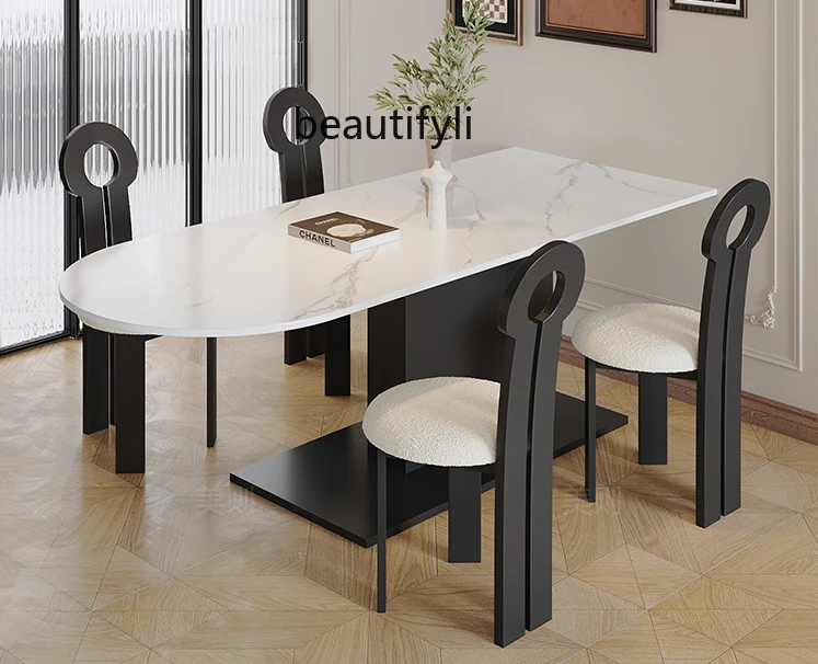 Half Ellipse Dining Table Wall Small Apartment Living Room Light Luxury High-Grade Cream Style Stone Plate Dining Table